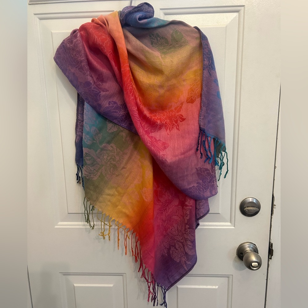 🌈 Stunning! 100% Pashmina Rainbow Floral Jacquard Shawl/Wrap🌈 EUC 🩷